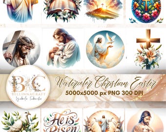Watercolor Christian Easter Clipart, Religious Easter PNG, Easter Cross Clipart, Jesus Clipart PNG, He Is Risen Clipart, Christianity Cross
