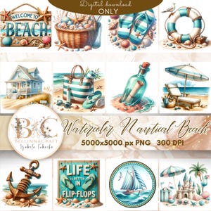 Watercolor Nautical Beach  Clipart, Sailor Graphics, Vintage Beach, Nautical Ocean Png, Summer Clipart, Sea watercolor collection, Beach PNG
