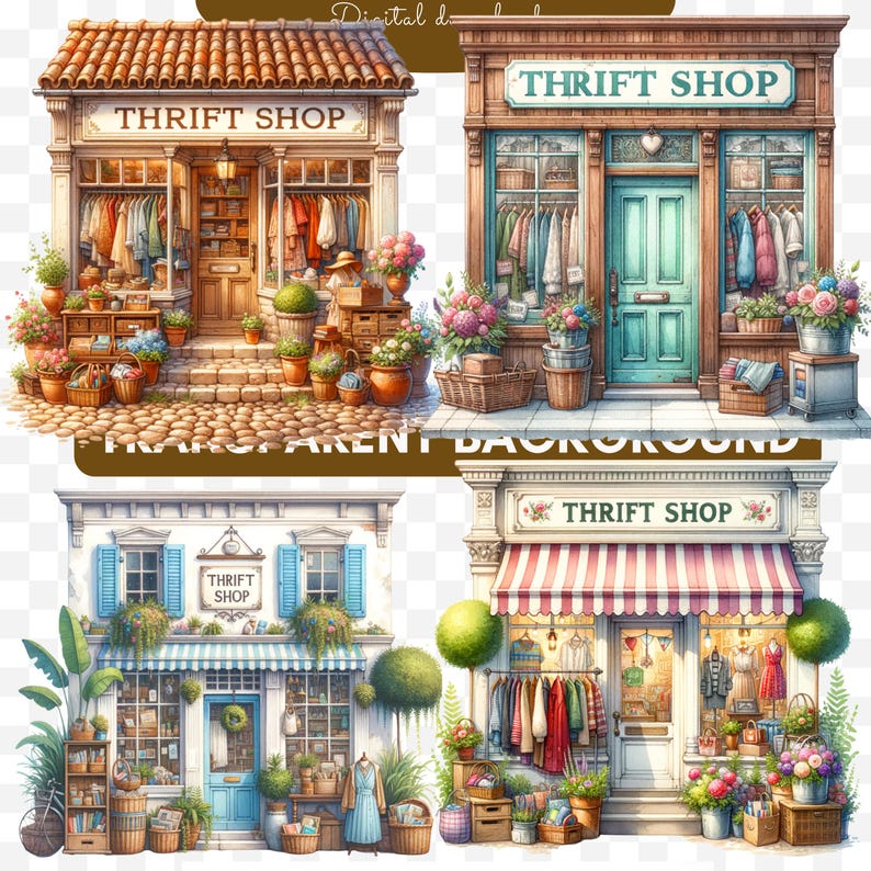 May include: Four watercolour illustrations of thrift shop storefronts. Each shop displays clothing racks, floral arrangements, and the sign "Thrift Shop." The shops have diverse architectural styles, including brick, wood, and white facades, with various awnings and door colours.