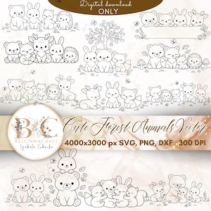 Puede incluir: Ilustraciones vectoriales en blanco y negro de varios animales del bosque lindos, incluyendo osos, conejos, ciervos, zorros y erizos. El texto "Digital download ONLY" y "Cute Forest Animals Vector" también están presentes.