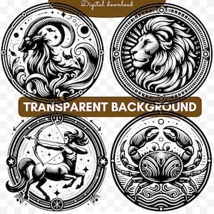 May include: Four black and white circular illustrations of zodiac signs. The signs are Capricorn, Leo, Sagittarius, and Cancer. Each sign is surrounded by a decorative border.