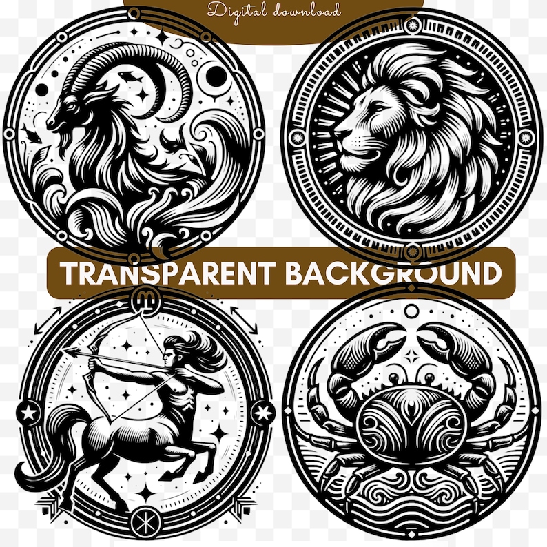 May include: Four black and white circular illustrations of zodiac signs. The signs are Capricorn, Leo, Sagittarius, and Cancer. Each sign is surrounded by a decorative border.