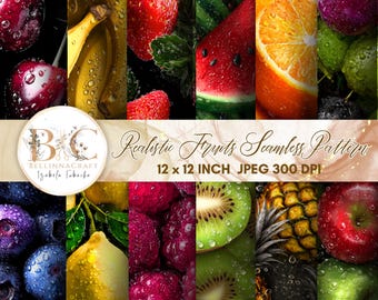3D Realistic Fruits Seamless Digital Paper Bundle – Farm Fresh Fruits Patterns – Food Photography Scrapbook Papers, Fruit Background JPG