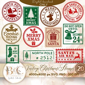 May include: A collection of vintage Christmas stamps in red, green, and brown. Designs include Santa Claus, reindeer, Christmas trees, and festive text like "Merry Christmas" and "North Pole". The image also includes the text "Digital download ONLY".