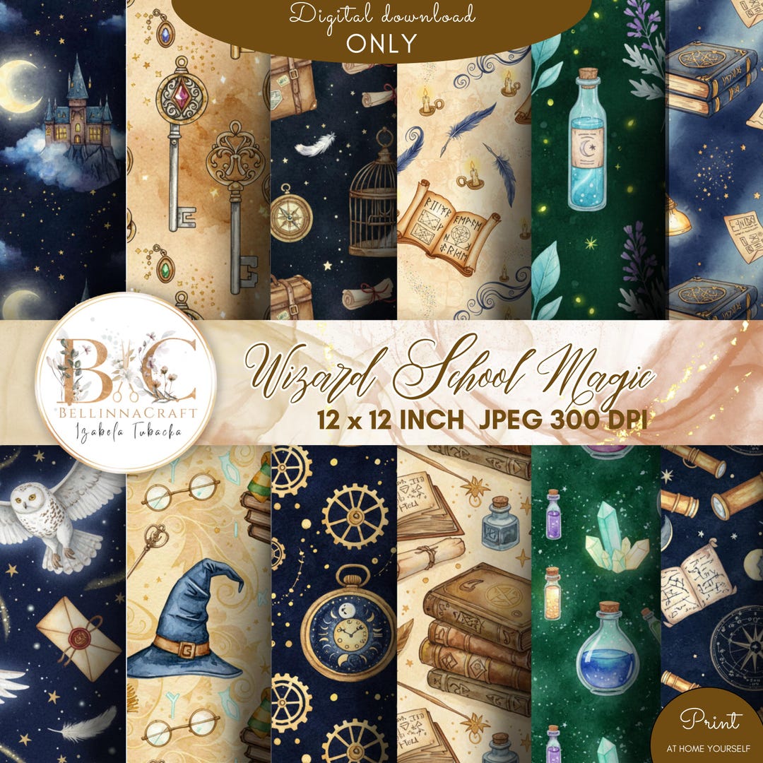 Wizard School Magic Seamless Patterns Bundle, Watercolor Fantasy ...