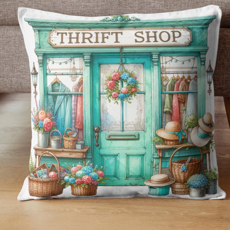 May include: Cushion with a watercolour illustration of a thrift shop. The shop has a teal door and sign, with a floral wreath and baskets of flowers. The cushion has a vintage, cottagecore aesthetic.