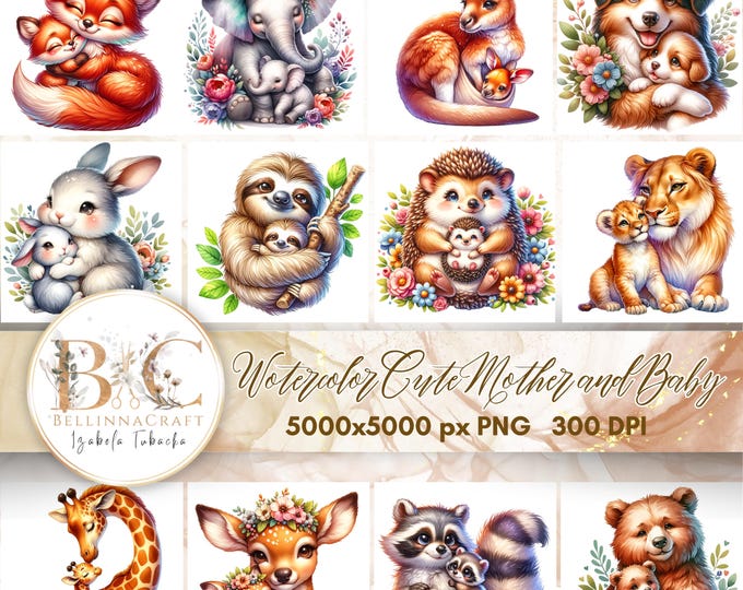 10 Watercolor Animal Mother and Baby Clipart Mothers Day Clipart High ...