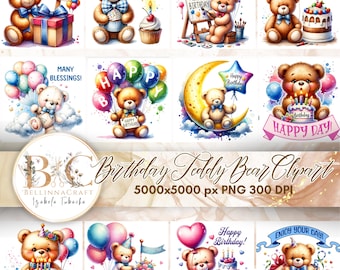 May include: A digital clipart set of ten watercolour illustrations featuring teddy bears celebrating birthdays. The bears are depicted in various poses, holding balloons, gifts, cakes, and other birthday-themed items. The illustrations are set against a white background and feature colourful accents.