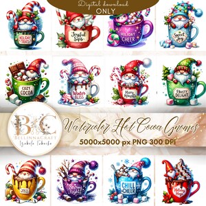Watercolor Hot Cocoa Gnomes Clipart, Hot Chocolate Gnome, Festive Gnomes Clipart, Christmas Gnomes PNG, Winter Holidays, Cute Gnomes PNG