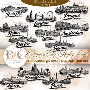 Könnte beinhalten: Schwarz-Weiß-Vektorillustrationen von europäischen Stadtpanoramen, darunter Budapest, London, Rom, Berlin, Lissabon, Amsterdam, Wien, Barcelona, Madrid, Athen und Paris. Der Text lautet "Digitaler Download NUR".