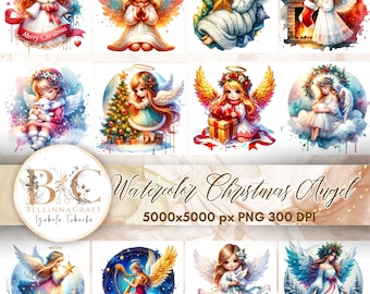 Watercolor Christmas Angel Clipart, Angel Christmas Clipart, Christmas Season PNG, Christmas bundle,   Angel scenes, Angel Kids Graphic PNG