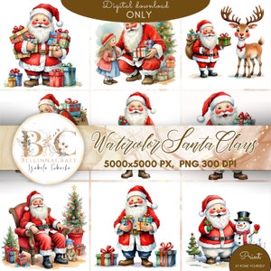 Clipart de Papai Noel em aquarela, PNG, Clipart de Natal, Papai Noel PNG, Clipart de rena, Clipart de férias, Pacote de Papai Noel, Download digital