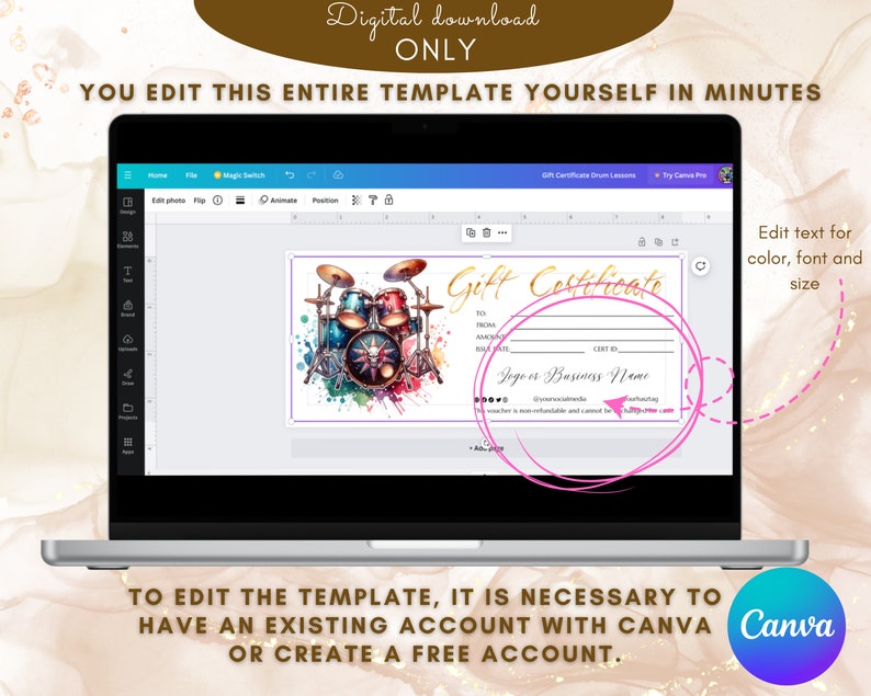 Editable Drum Lessons Gift Certificate Template Drum Lovers Ticket Gift ...