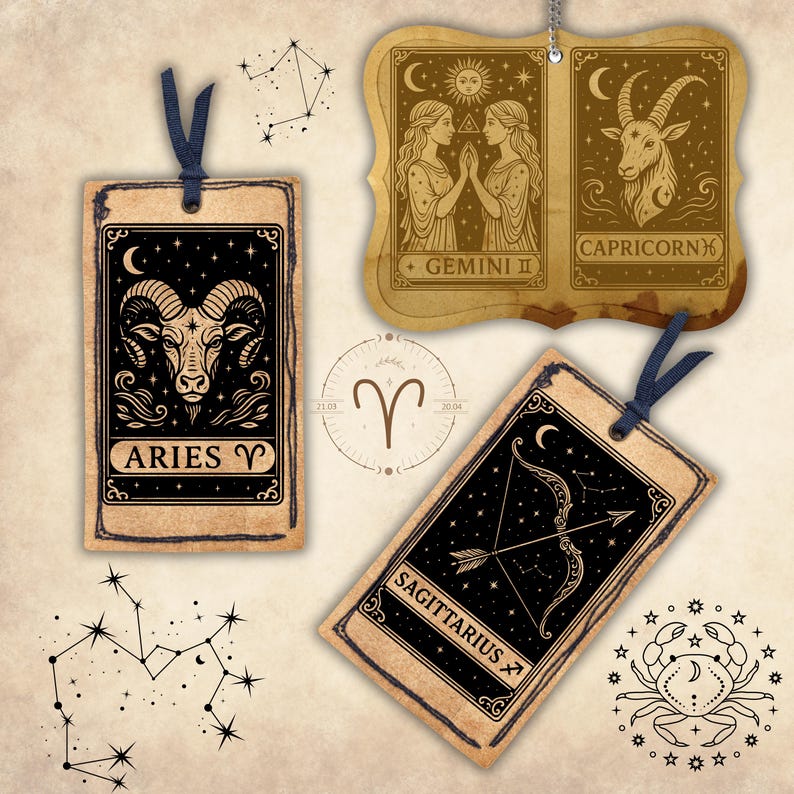 May include: Four vintage-style zodiac sign cards with black and gold illustrations. The cards feature Aries, Gemini, Sagittarius, and Capricorn. Each card has a black background with gold stars and a crescent moon.