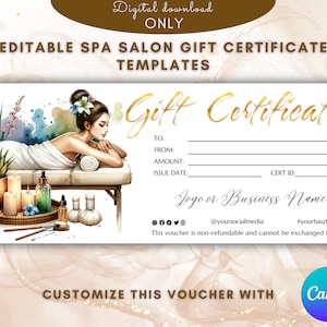 Plantilla de certificado de regalo de salón de belleza SPA Plantilla de tarjeta de regalo de SPA elegante vale de regalo Cupón imprimible EDITABLE Plantilla de tarjeta de regalo de belleza