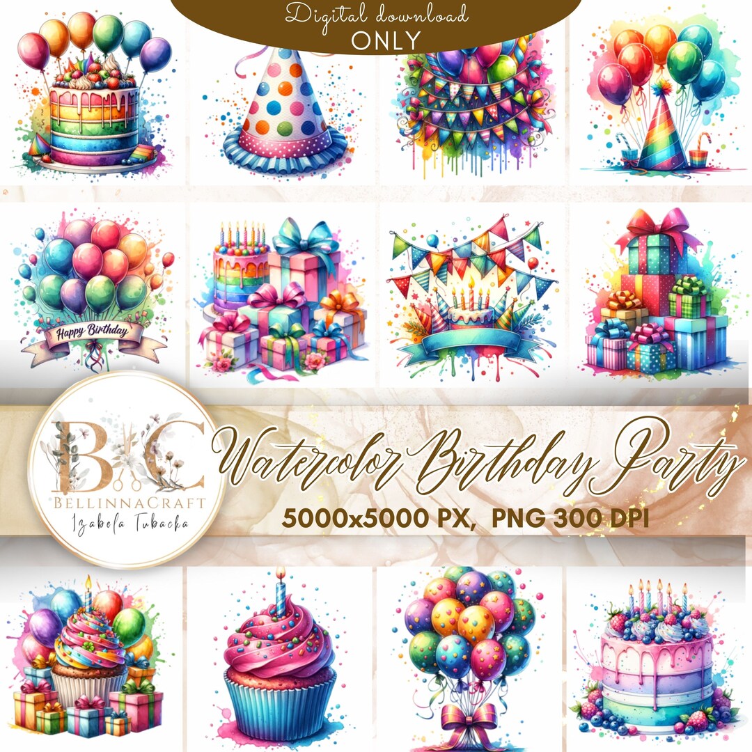 Watercolor Birthday Party Clipart, Cake Present Balloons Clipart Bundle ...