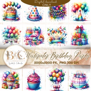 Aquarelle fête d'anniversaire clipart, gâteau cadeau ballons Clipart Bundle, sublimation d'anniversaire, illustrations de gâteau d'anniversaire, joyeux anniversaire