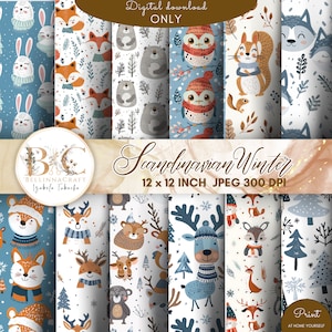 Animales de invierno escandinavos Papeles digitales sin costuras, Patrones minimalistas nórdicos de invierno navideño, Animales del bosque de Navidad, Invierno nórdico