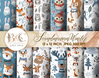 May include: Digital download of Scandinavian Winter themed paper patterns. The designs feature cute illustrations of foxes, bears, owls, squirrels, deer, and rabbits. Each pattern is 12 x 12 inches and includes the text "Digital download ONLY".