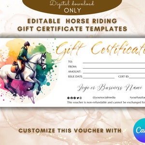 Plantilla de certificado de regalo para montar a caballo Elegante plantilla de tarjeta de regalo para amantes de los caballos vale de regalo Imprimible EDITABLE Sorpresa Paseos a caballo