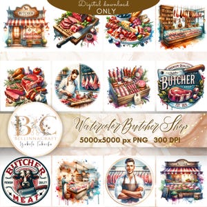 Clipart de carnicería en acuarela, ilustraciones digitales de carnicerías, gráficos de carne de primera calidad, logotipos de carnicerías, PNG de productos frescos de granja, mercado de alimentos