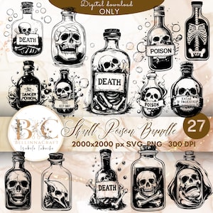 Puede incluir: Un paquete de descarga digital con 27 ilustraciones de diseños de calaveras y botellas de veneno. Cada botella tiene un diseño único con etiquetas que dicen "Death", "Poison" y "Toxic". Las ilustraciones son en blanco y negro.