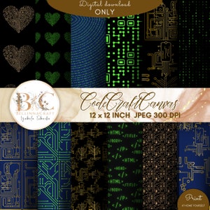 May include: A set of eight digital paper designs featuring a code-themed pattern in gold and green on a black or blue background. The designs include circuit boards, binary code, and HTML code. The text "CodeCraftCanvas 12 x 12 INCH JPEG 300 DPI" is included in the image.