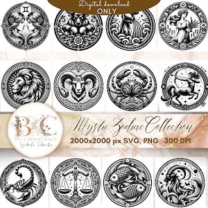 Pacchetto SVG Mystic Zodiac Collection, simboli astrologici in stile tribale, clipart segni zodiacali, file tagliati al laser SVG PNG, mandala zodiacale