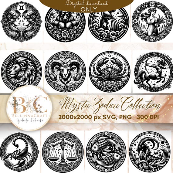Mystic Zodiac Collection SVG Bundle, Astrological Symbols in Tribal Art Style, Zodiac Signs Clipart, Laser Cut Files SVG PNG, Zodiac Mandala