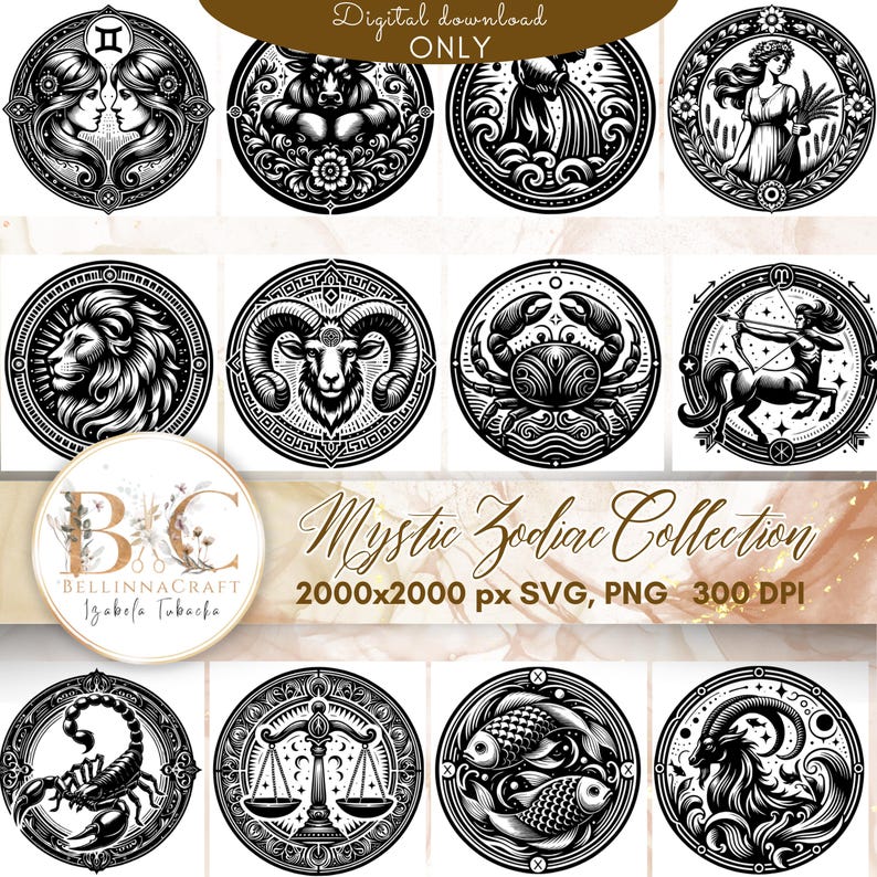 May include: A set of 12 black and white illustrations of the zodiac signs. Each sign is depicted in a circular frame with ornate details. The signs are: Gemini, Taurus, Aquarius, Virgo, Leo, Aries, Cancer, Sagittarius, Scorpio, Libra, Pisces, and Capricorn.