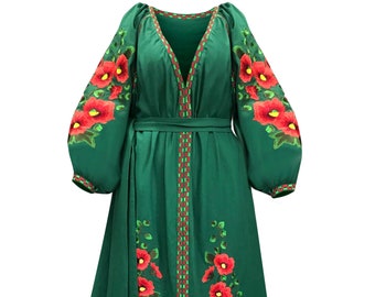 Ukrainian linen dress with floral embroidery