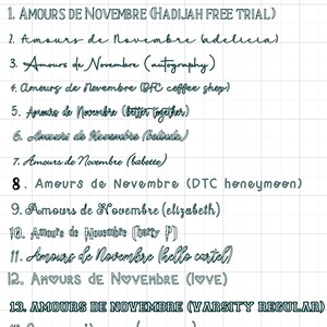 Op de afbeelding: Een lijst van 15 verschillende lettertypen voor de zin "Amours de Novembre" in zwarte tekst op een witte achtergrond. De lettertypen zijn in numerieke volgorde vermeld, met de lettertype naam tussen haakjes na elke zin.