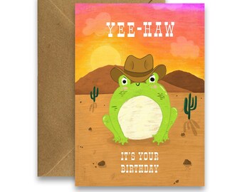 Yee-haw It's Your Birthday, Cowboy-Frosch-Geburtstagskarte, Tier-Themen-Geburtstagskarte, süßer Geburtstagsfrosch, Frosch-ästhetische Karte, Cowboy-Karte