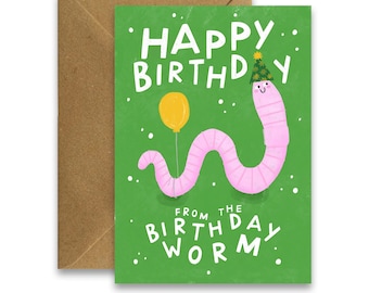 Carte d'anniversaire de vers, jolie carte de voeux illustrée de ver, cartes de voeux irlandaises, cartes drôles, carte d'anniversaire d'animal, carte d'anniversaire pour des enfants