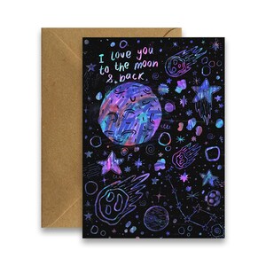 Eu te amo até a lua e de volta, cartões de felicitações irlandeses, cartões de felicitações ilustrados, cartão de galáxia espacial, cartão de planeta, cartão de lua