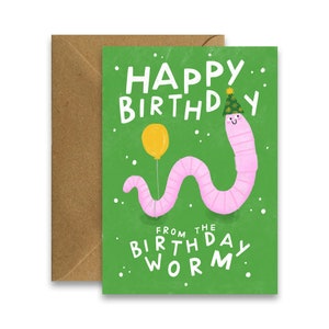 Wormverjaardagskaart, leuke geïllustreerde wormwenskaart, Ierse wenskaarten, grappige kaarten, dierlijke verjaardagskaart, verjaardagskaart voor kinderen