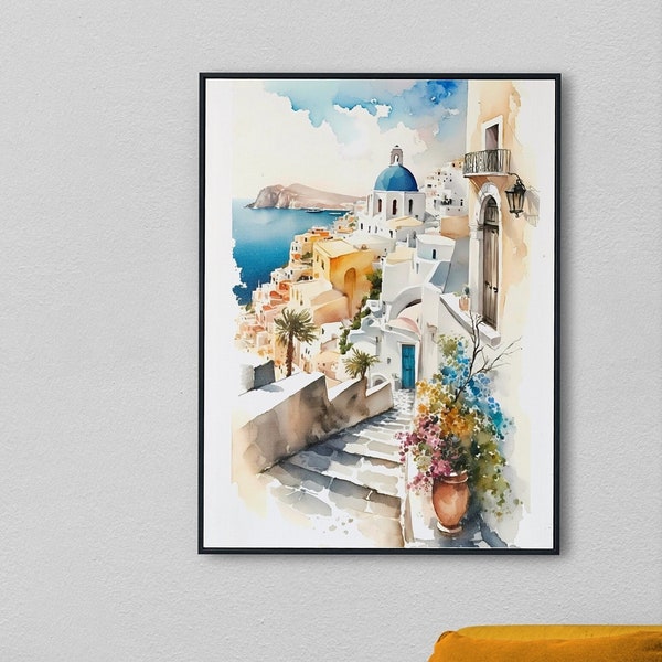 Santorini Greece digital wall art, Greece watercolor print, downloadable Santorini art