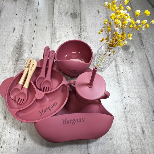 Ensemble de sevrage personnalisé avec nom pour tout-petit, ensemble d'alimentation pour bébé 8 pièces, kit de repas en silicone gravé cadeau