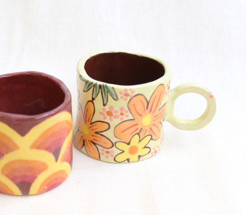 Flowery 60s wallpaper inspired espresso cup handmade earthenware image 2