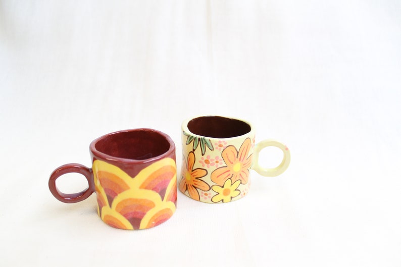 Flowery 60s wallpaper inspired espresso cup handmade earthenware image 3