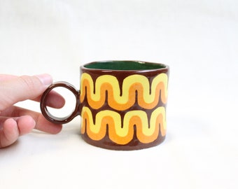 Handmade and handpainted ceramic coffee cup - seventies inspired - groovy handmade pottery - 70's