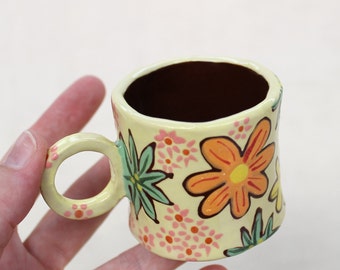 Flowery 60s wallpaper inspired espresso cup - handmade - earthenware