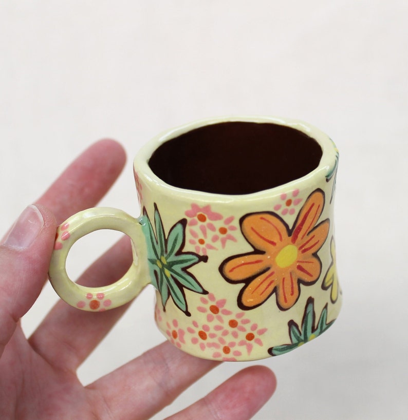 Flowery 60s wallpaper inspired espresso cup handmade earthenware image 1