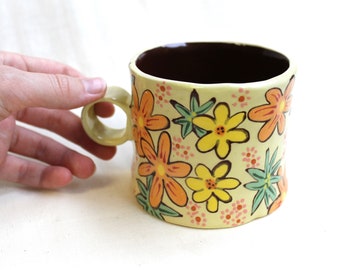 60s wallpaper inspired handmade ceramic mug - flowers - earthenware