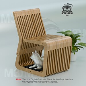 May include: A wooden chair with a slatted back and seat. The chair is designed to be assembled with a CNC machine. The chair is shown in a 3D rendering with a white cat figurine inside.