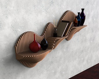 May include: A wooden wall shelf with a wavy design. The shelf has four levels and is decorated with red, blue, and black vases.