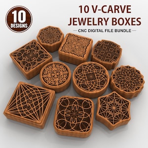 May include: Ten wooden jewellery boxes with intricate V-carve geometric and floral patterns on their lids. The collection includes various shapes like squares, circles, and polygons. Text on the image reads 10 V-CARVE JEWELLERY BOXES CNC DIGITAL FILE BUNDLE.