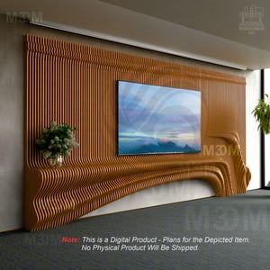 Puede incluir: Un moderno mueble de entretenimiento de madera con un televisor incorporado. El diseño presenta listones de madera verticales y un estante curvo en forma de ola. Una pequeña planta en una maceta plateada está en el estante. El televisor muestra un paisaje. El texto de la imagen dice: "Note: This is a Digital Product - Plans for the Depicted Item. No Physical Product Will Be Shipped."