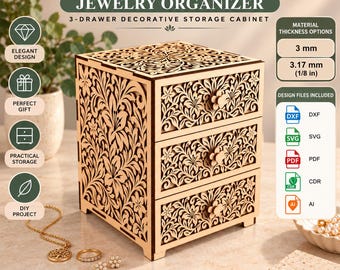 Laser Cut Floral Jewelry Box, 3 Drawer Organizer, 3mm & 1/8in Plywood, Digital File