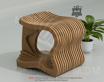 May include: A wooden stool with a unique, wavy design. The stool is made of multiple layers of wood, creating a layered effect. The stool has a circular opening in the center.